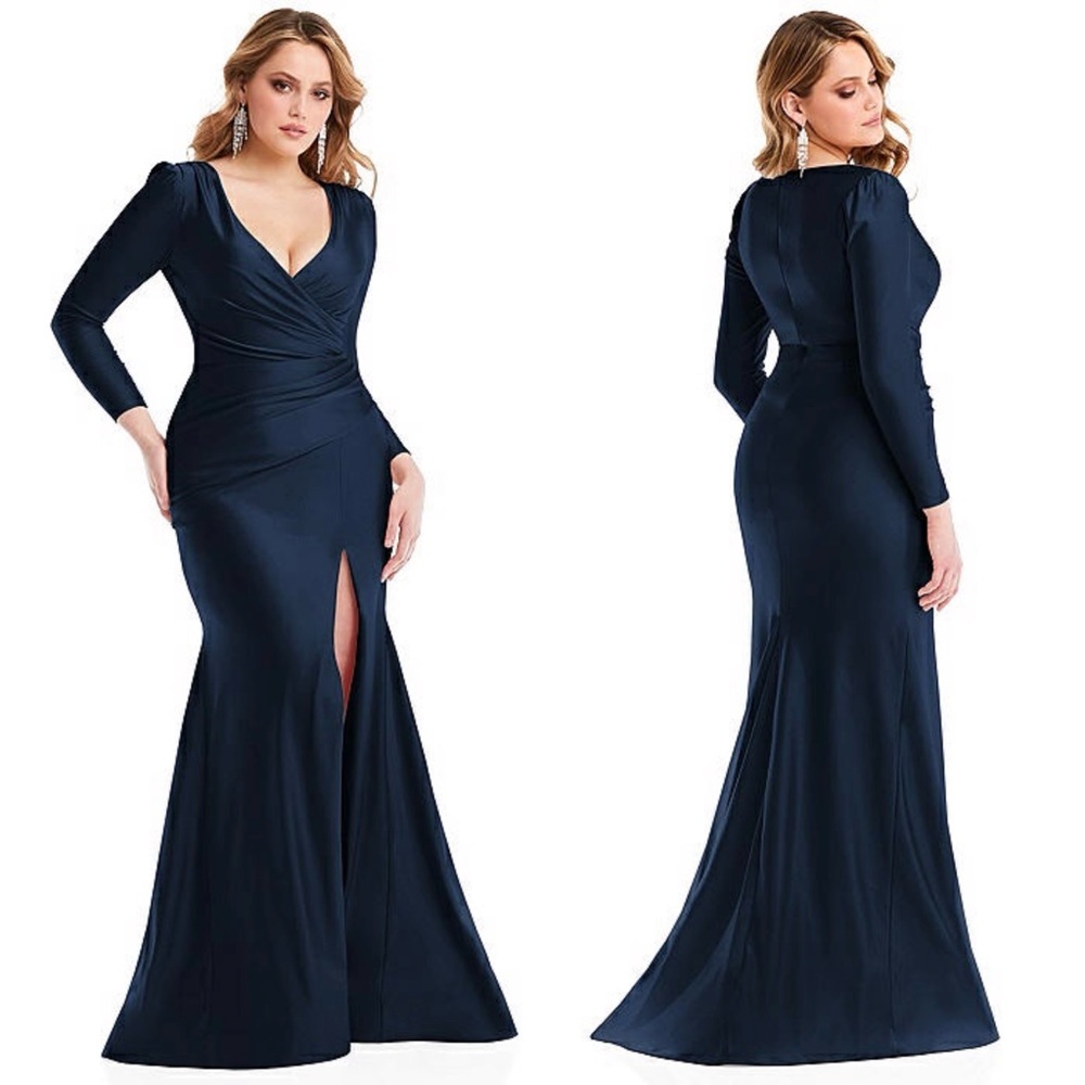 NWT CYNTHIA & SAHAR Stretch Satin Long Sleeve Draped Bodice Mermaid Maxi Gown XS
